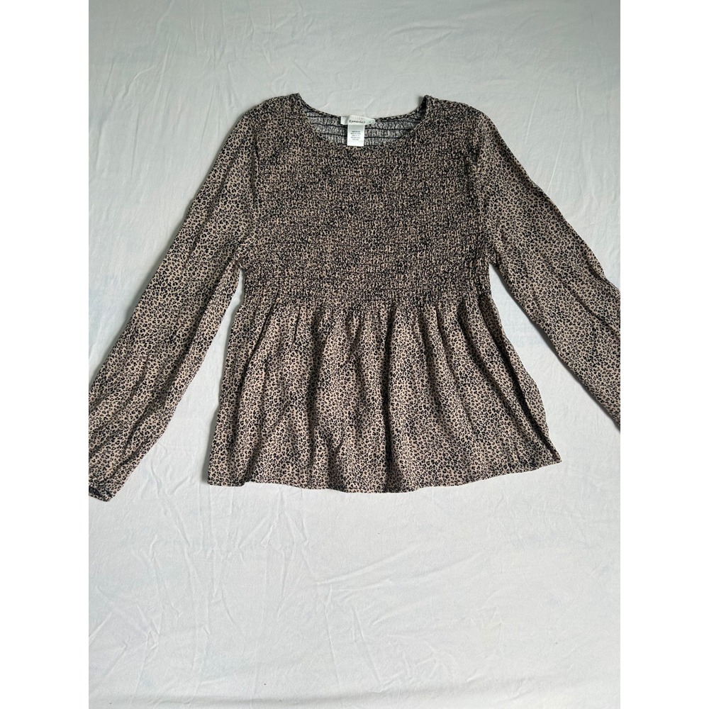 Urban Romantics Leopard Print Smocked Peplum Blouse Tan Black Large